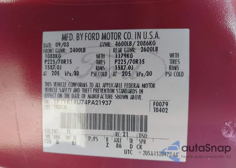 2004 Ford Ranger Edge/Tremor/Xl/Xlt из США, поврежденный, VIN 1FTYR14U74PA21937